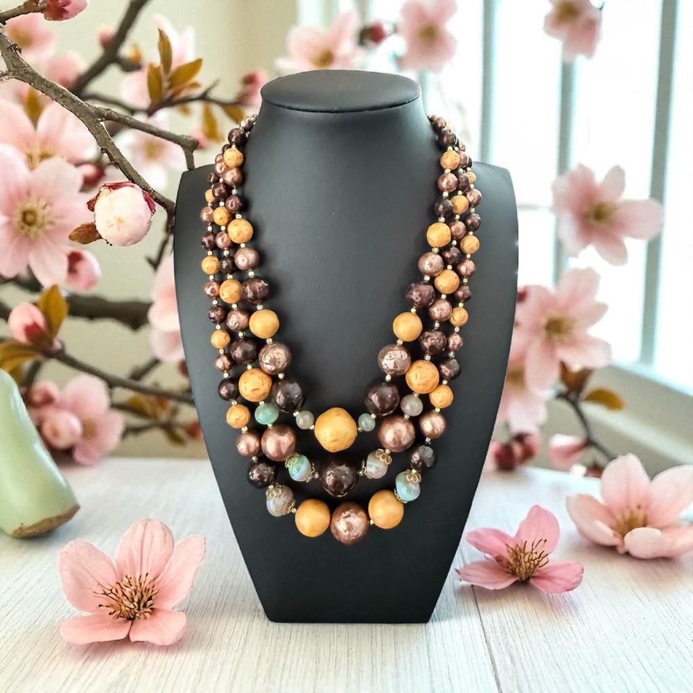 Elegant Triple-Strand Vintage Beaded Japan Necklace in blue, brown & tan EUC